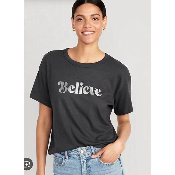 Old Navy Tops - OLD NAVY Christmas Shirt Believe Holiday Tee Size Large Dark Gray Silver Graphic